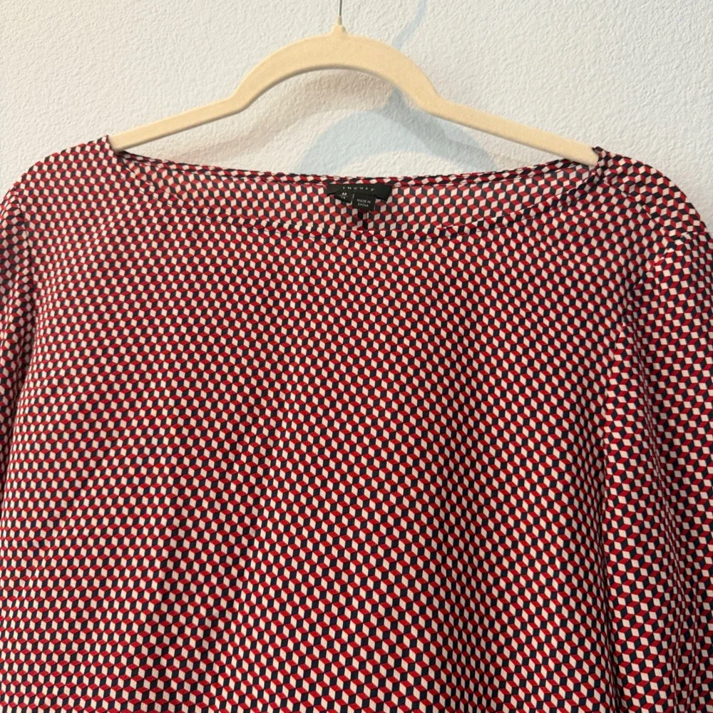 Theory Womens Silk Geometric Cube Print Boat Neck Blouse Career Luxury Medium
